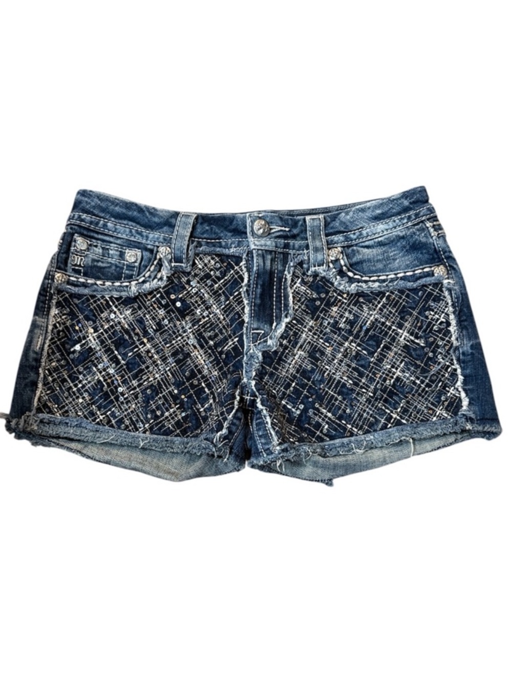 Miss Me Bling Sequin Cutoff Booty Jean Shorts Festival Style‎ Size 29